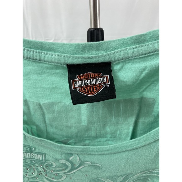 Harley Davidson Womens Mint Green Flaming Gorge Wyoming Graphic Tee Rhinestone L - Picture 2 of 6